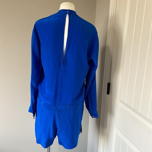 Karina Grimaldi Silk Romper Zip Front High Neck Lace Accent Cobalt Blue Size M - Picture 9 of 16